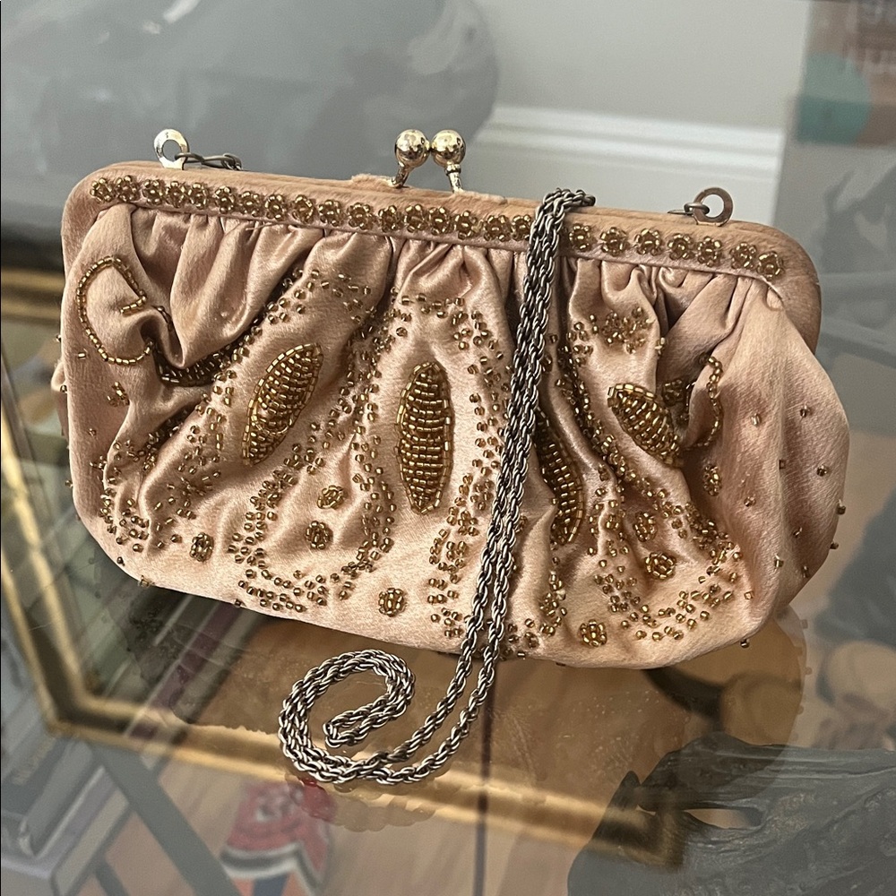 Vintage La Regale Beaded Satin Clutch - Gold